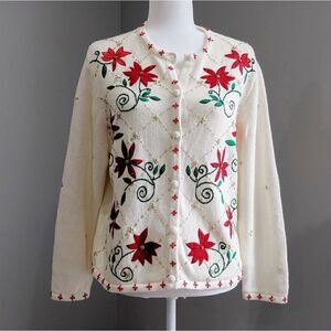 Ugly Christmas Beaded Embroidered Holiday Poinsettia Cardigan Size LP